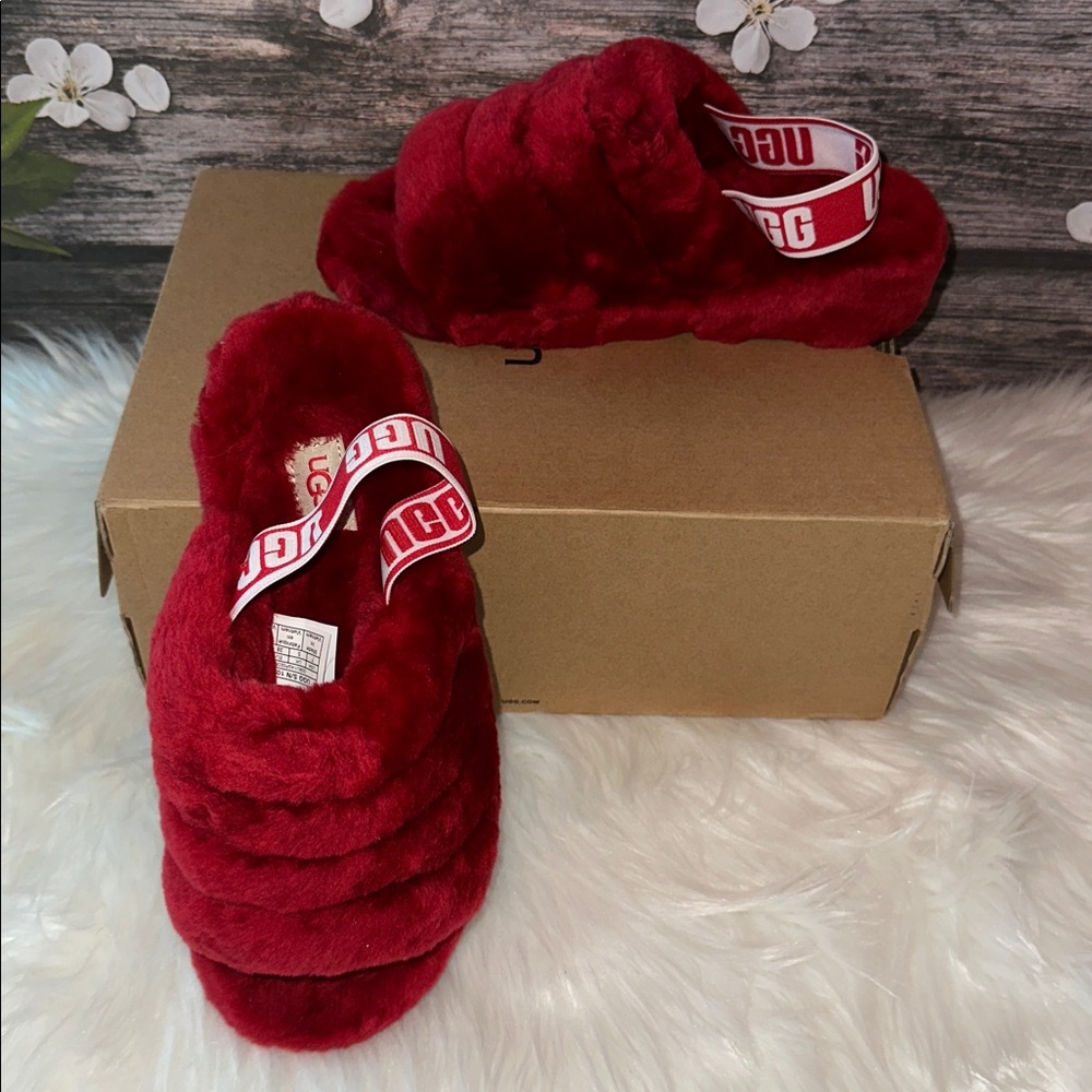 UGG Red Fluffy Slides Size 7